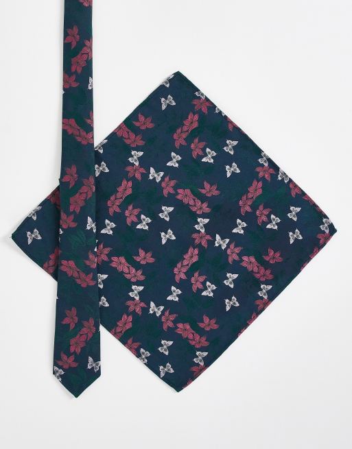 ASOS DESIGN slim tie and pocket square in dark green floral