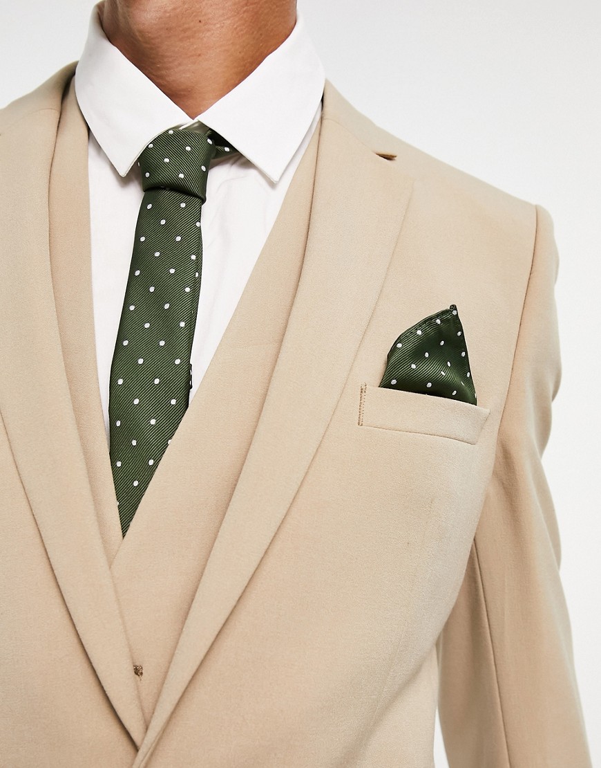 ASOS DESIGN slim tie and pocket square in green and white dot-Multi