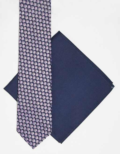 ASOS DESIGN slim tie and pocket square in pink and navy geo