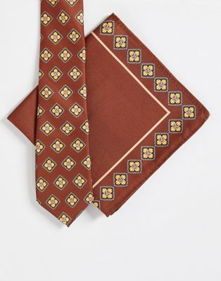 ASOS DESIGN slim tie and pocket square in retro print