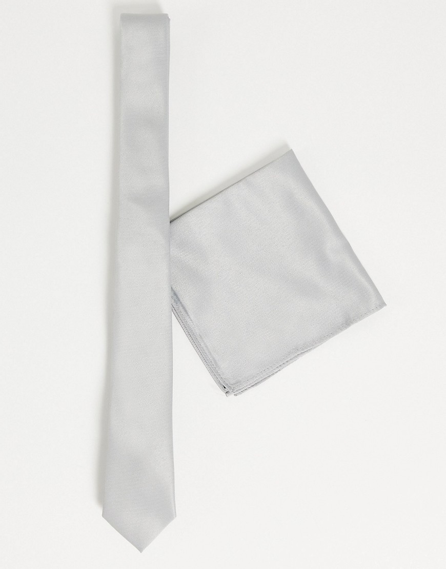 ASOS DESIGN slim tie and pocket square in silver-Grey