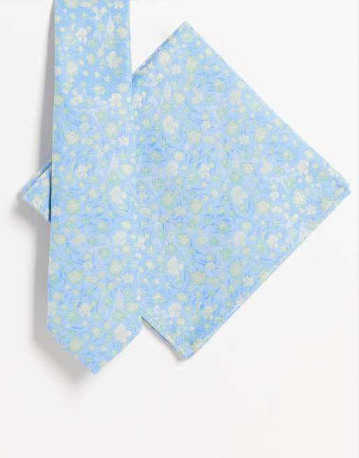 ASOS DESIGN slim tie and pocket square with floral design in blue and green
