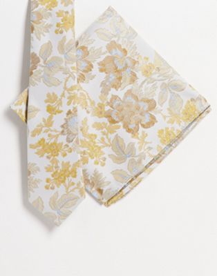 ASOS DESIGN slim tie and pocket square with floral design in ecru - ASOS Price Checker