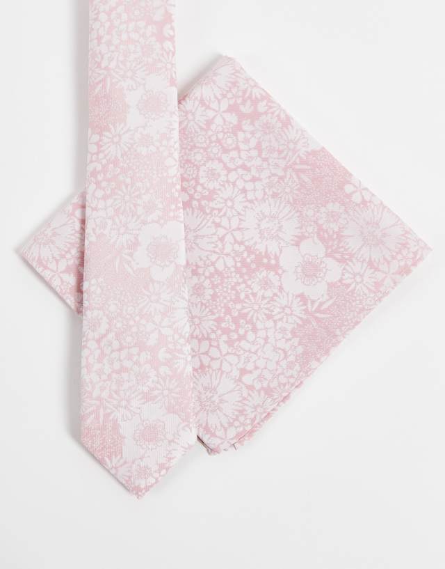 ASOS DESIGN slim tie and pocket square with floral design in pink - LPINK