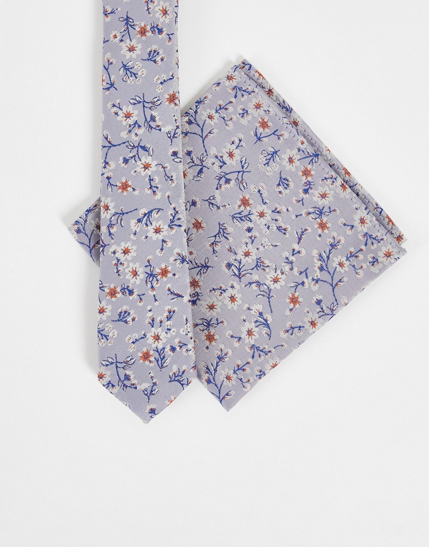 ASOS DESIGN slim tie and pocket square with floral design in silver - SILVER