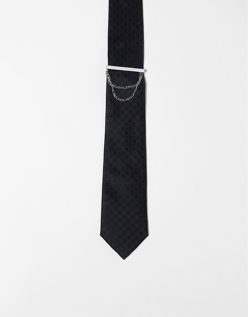 Asos Design Slim Tie In Black With Tie Bar