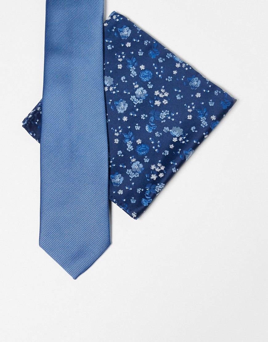 slim tie in blue with floral pocket square