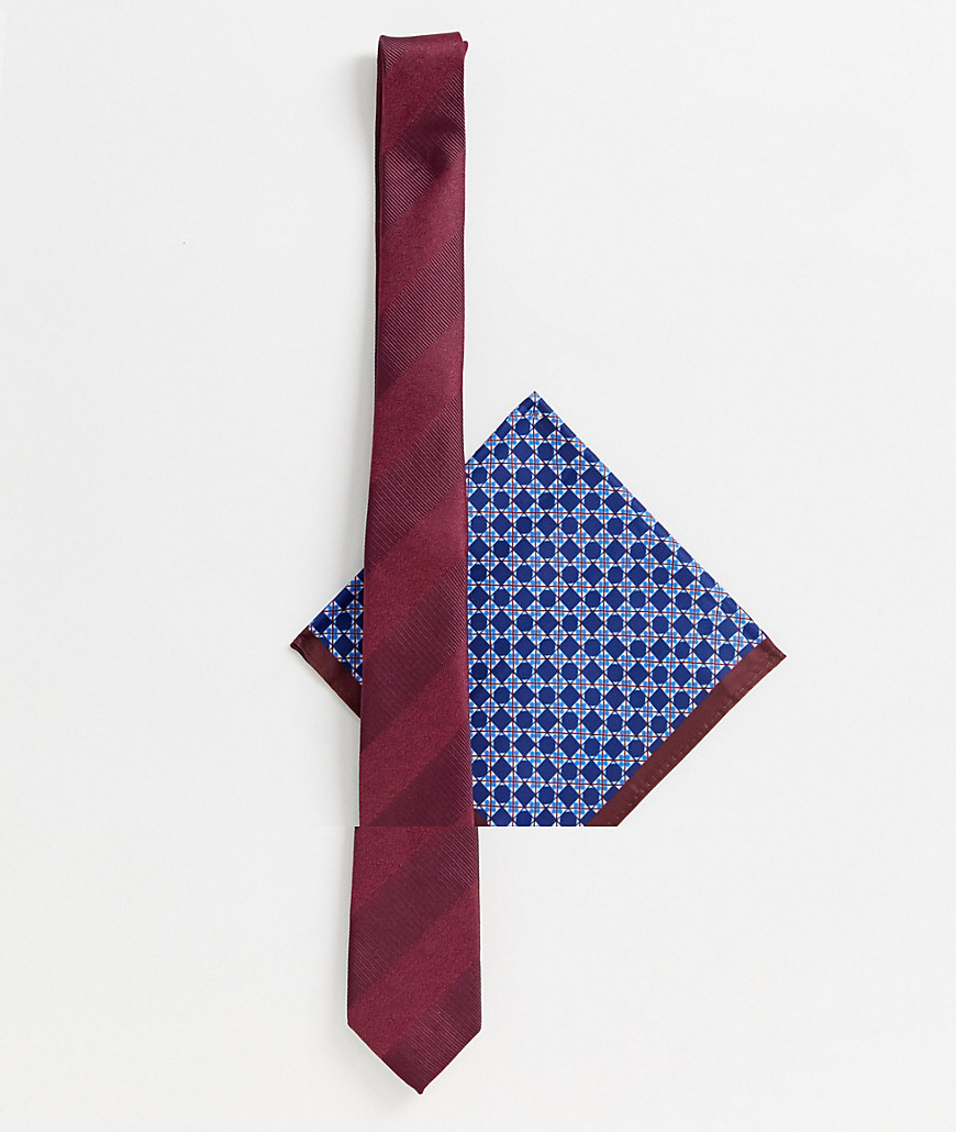 ASOS DESIGN slim tie in burgundy with grid design pocket square-Multi