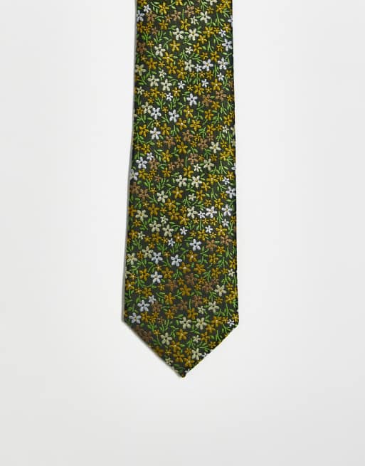 Asos Design Slim Tie In Green Ditsy Floral 