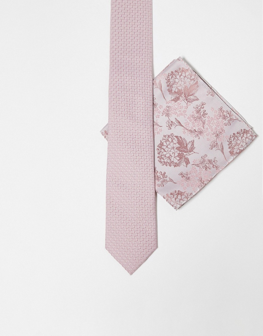 ASOS DESIGN slim tie in pink with floral pocket square