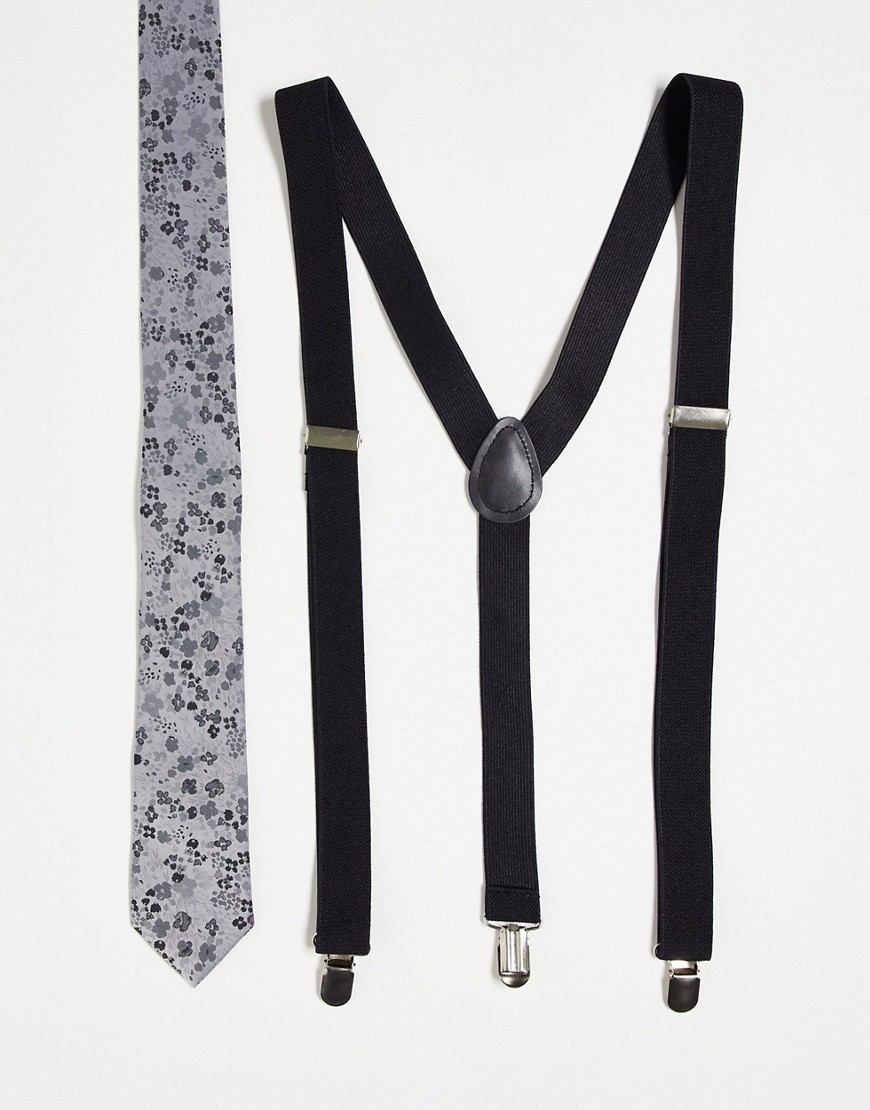 ASOS DESIGN slim tie in silver floral with black braces-Multi