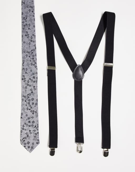 ASOS DESIGN slim tie in silver floral with black suspenders