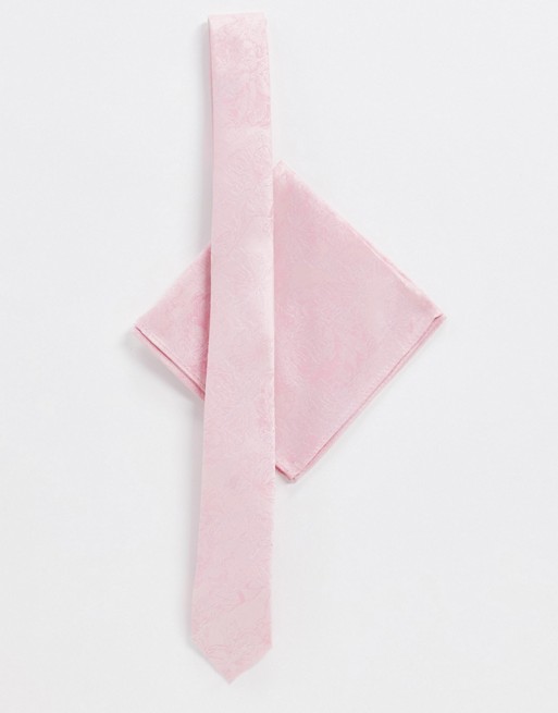 ASOS DESIGN slim tie & pocket square in pink floral jacquard
