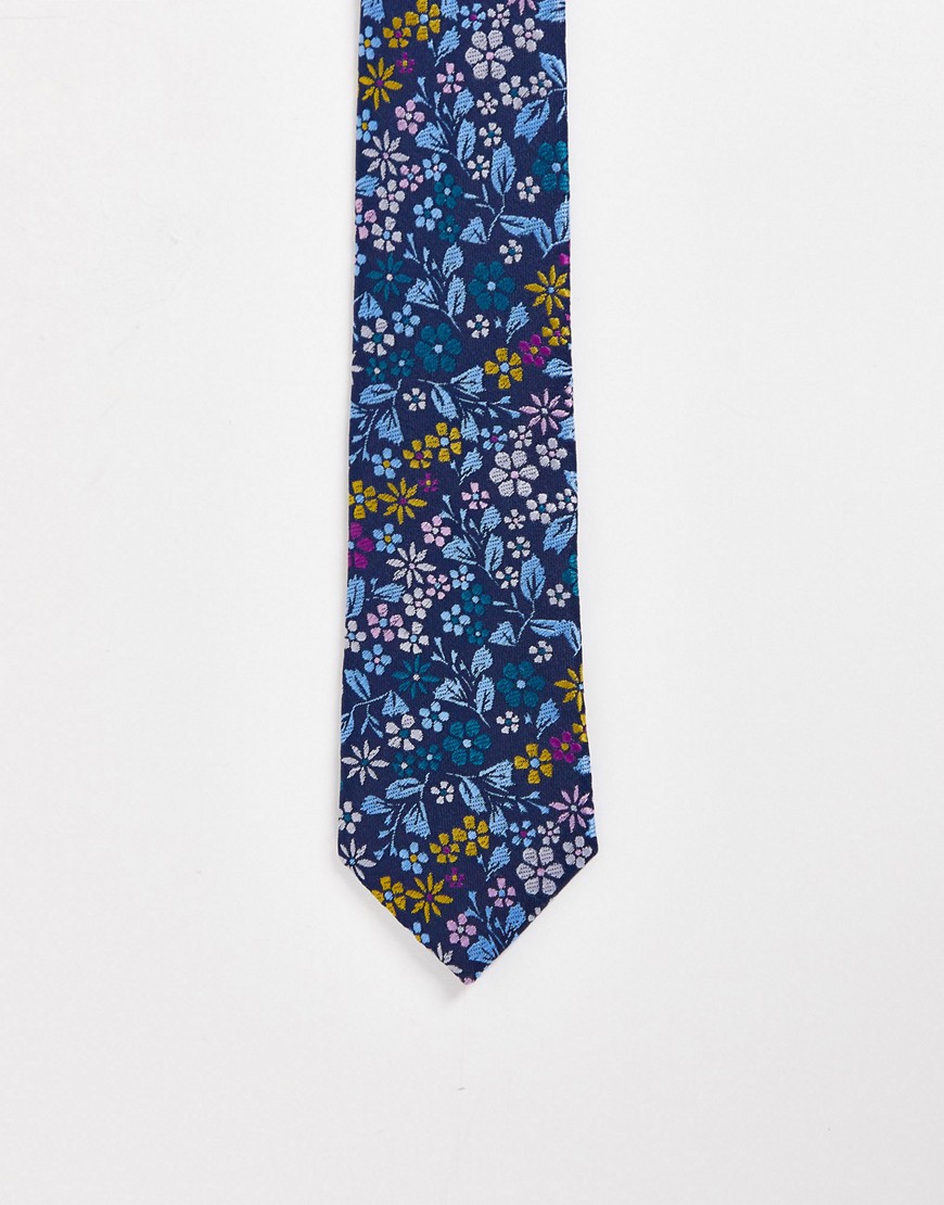 ASOS DESIGN slim tie with ditsy floral design in navy - NAVY