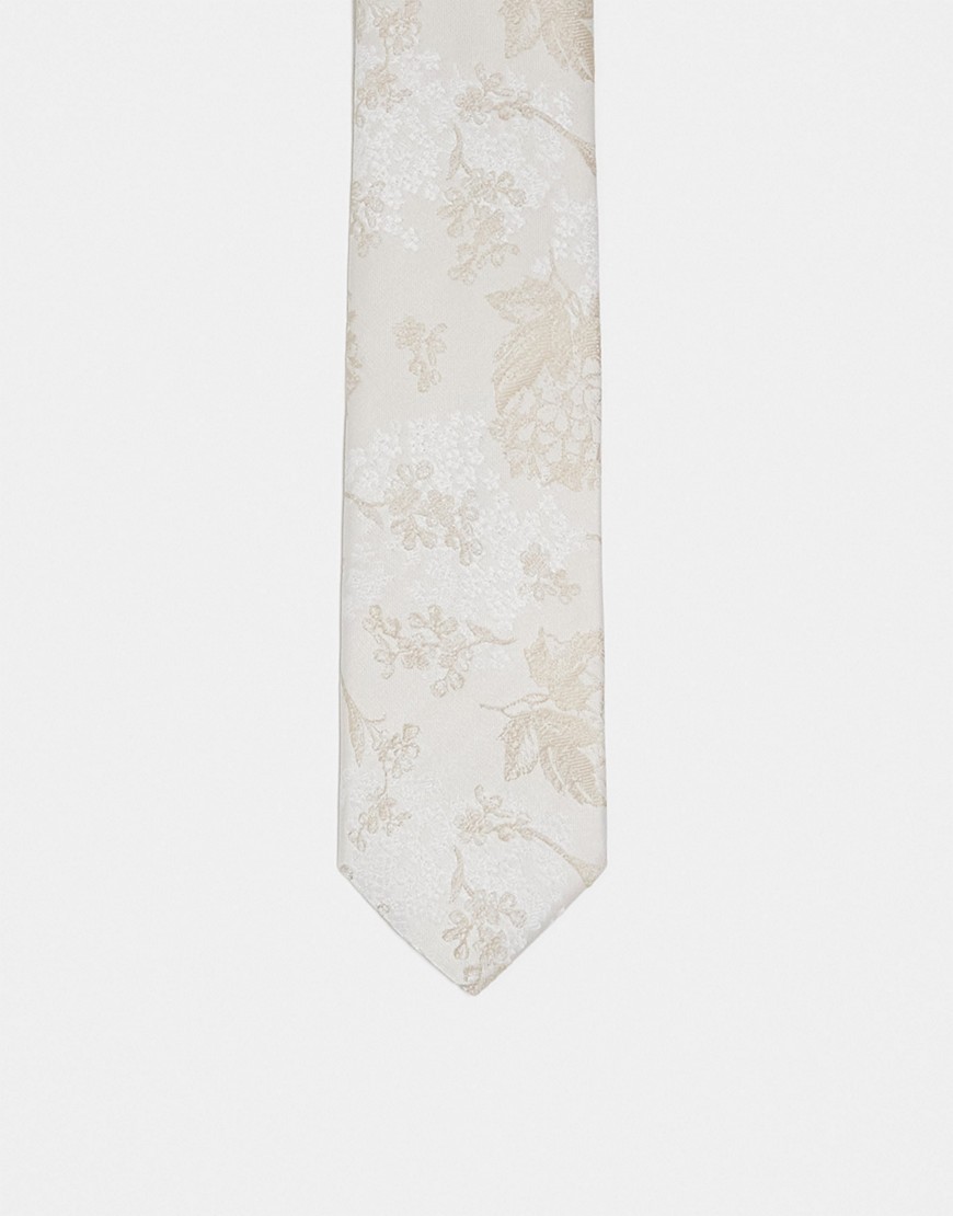 slim tie with floral pattern in cream-White