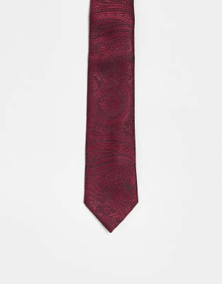 slim tie with paisley print in burgundy-Red