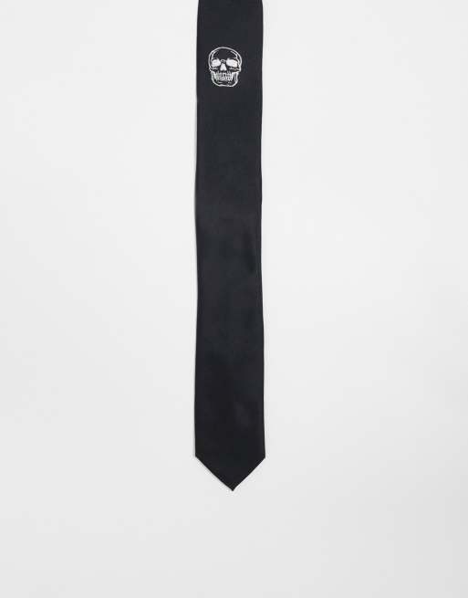 ASOS DESIGN slim tie with skull embroidery in black