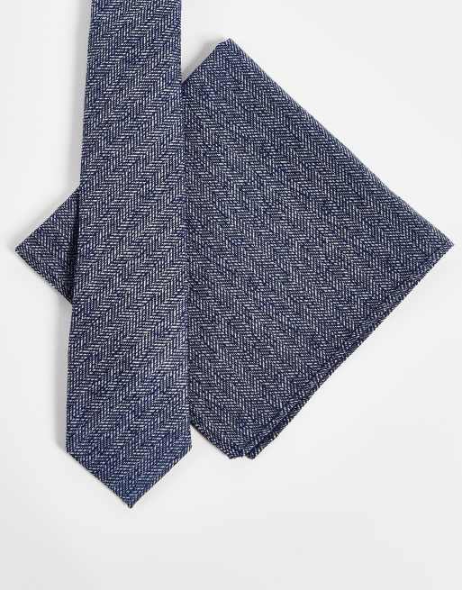 ASOS DESIGN slim tie with texture and matching pocket square in navy