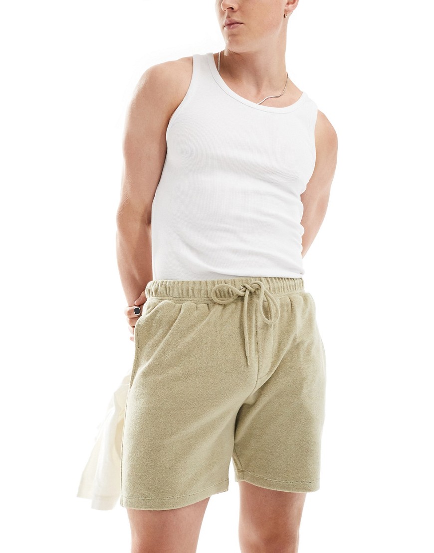 ASOS DESIGN slim towelling shorts in beige-Green