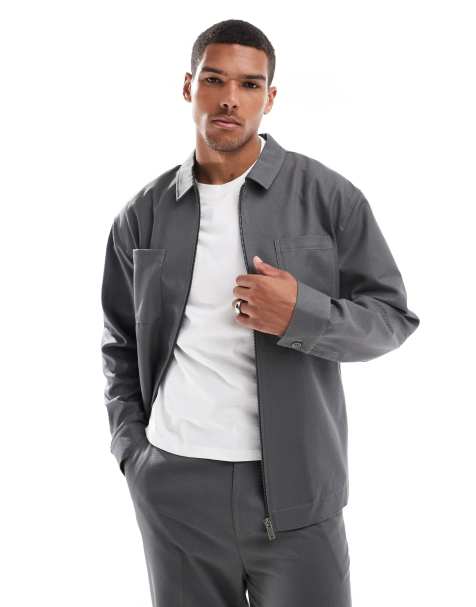 ASOS DESIGN slim trucker jacket in gray twill - part of a set - view 1