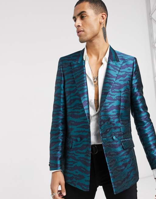 ASOS DESIGN slim tuxedo blazer in tiger stripe jacquard in navy | ASOS