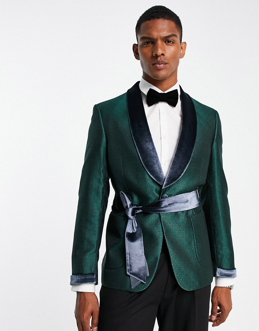 ASOS DESIGN slim tuxedo jacket with velvet lapels in dark teal and navy geo satin-Green