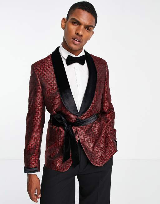 ASOS DESIGN slim tuxedo jacket with velvet lapels in red geo satin