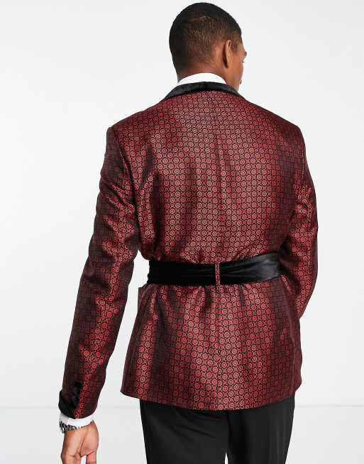 ASOS DESIGN slim tuxedo jacket with velvet lapels in red geo satin, 3 of 4
