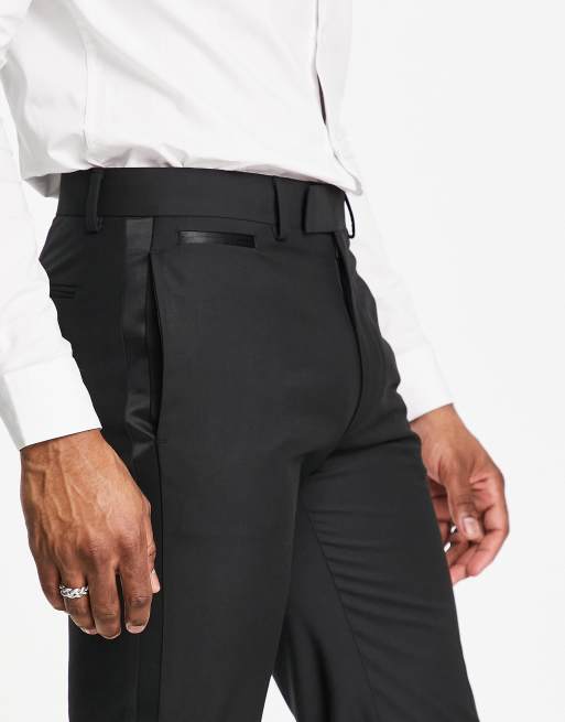 Dobell Black Slim-Fit Tuxedo Pants with Satin Side Stripe