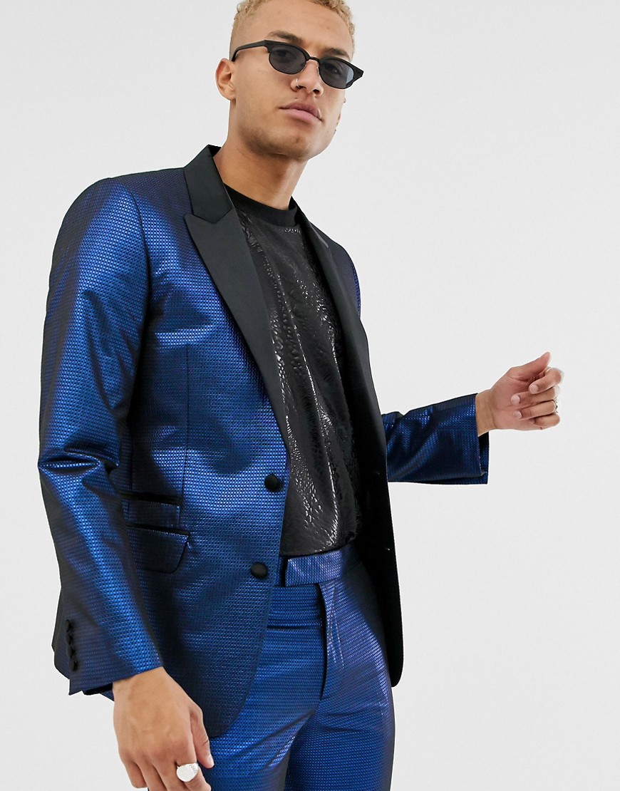 ASOS DESIGN slim tuxedo suit jacket in blue metallic jacquard