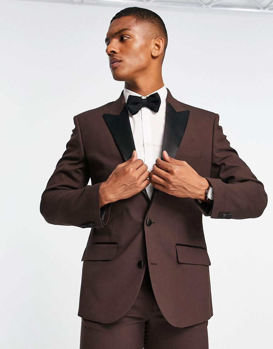 ASOS DESIGN slim tuxedo suit jacket in brown