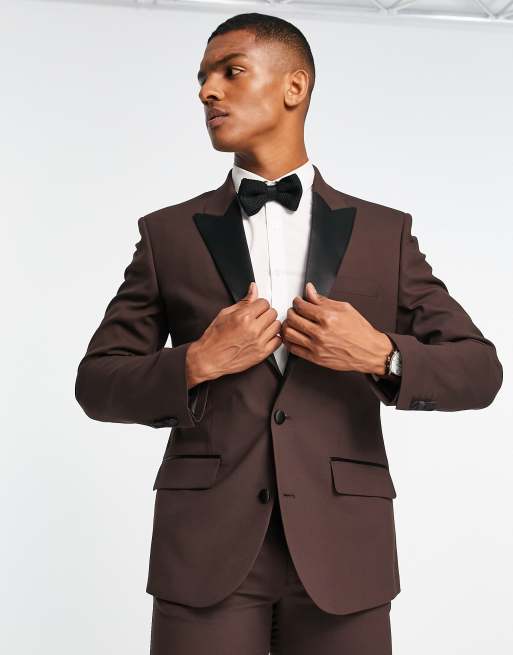 ASOS DESIGN slim tuxedo suit jacket in brown | ASOS