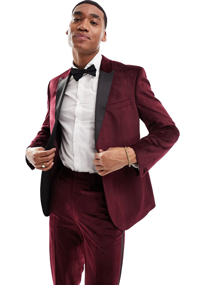 ASOS DESIGN slim tuxedo suit jacket in burgundy velvet-Red
