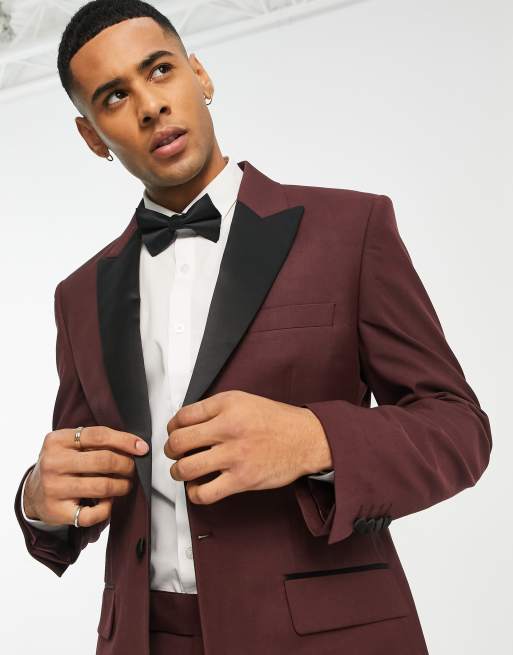 ASOS DESIGN slim tuxedo suit in burgundy