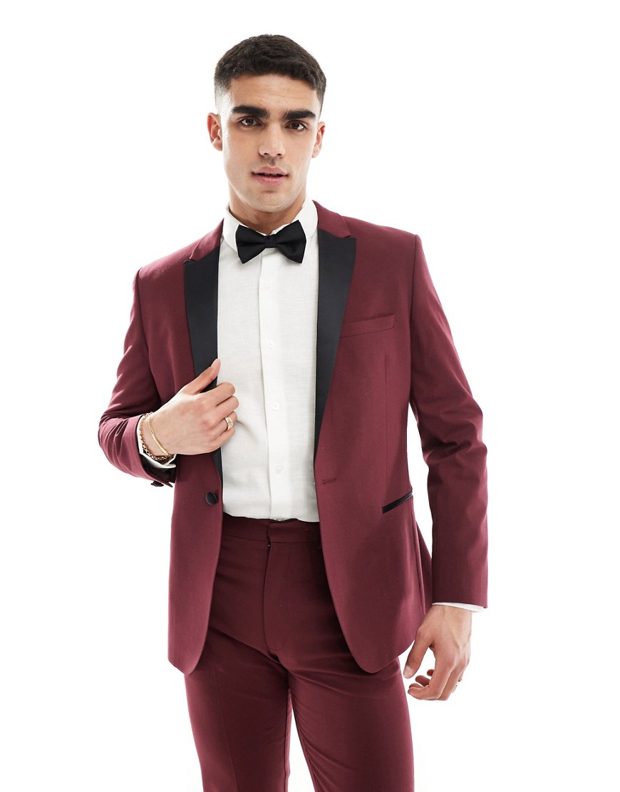 slim tuxedo suit jacket in burgundy-Red