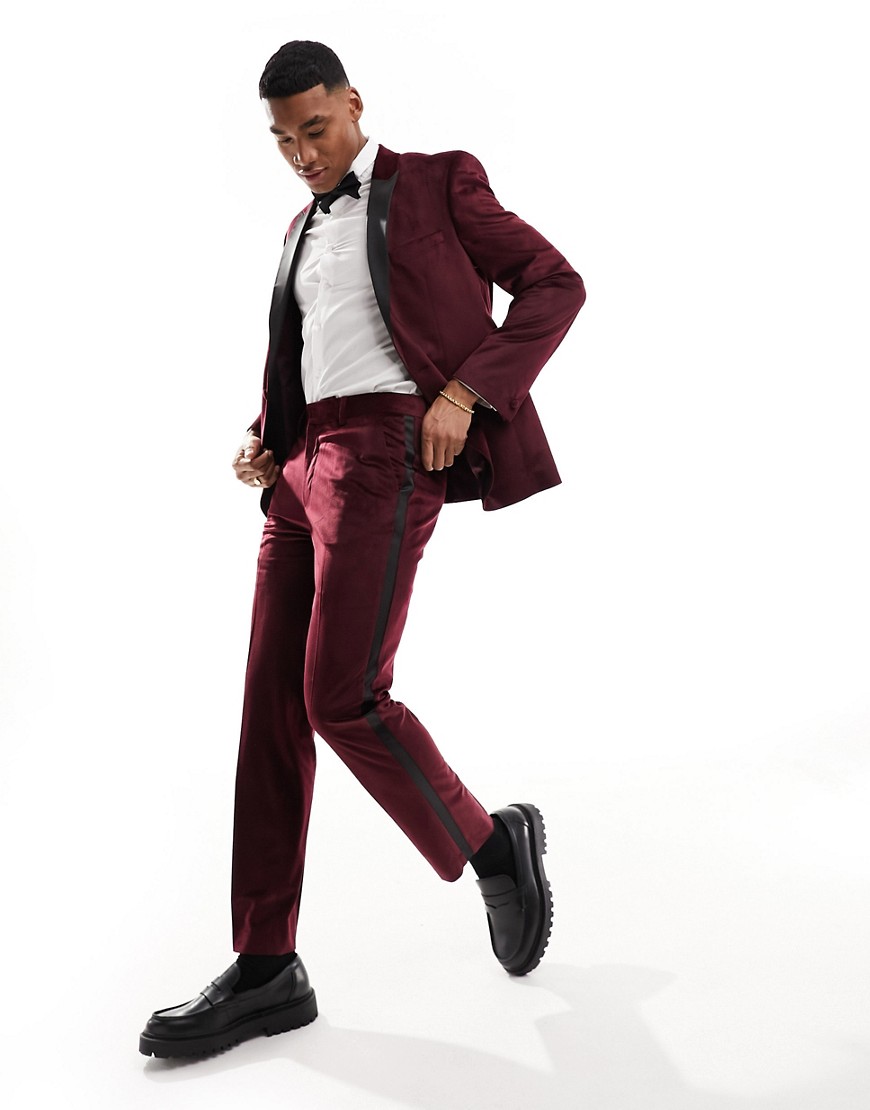 Asos Design Slim Tuxedo Suit Pants In Burgundy Velvet-red