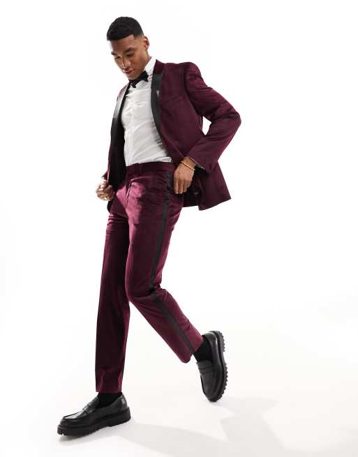 ASOS DESIGN slim tuxedo suit pants in burgundy velvet