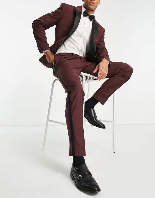 ASOS DESIGN skinny tuxedo pants in burgundy with satin side stripe