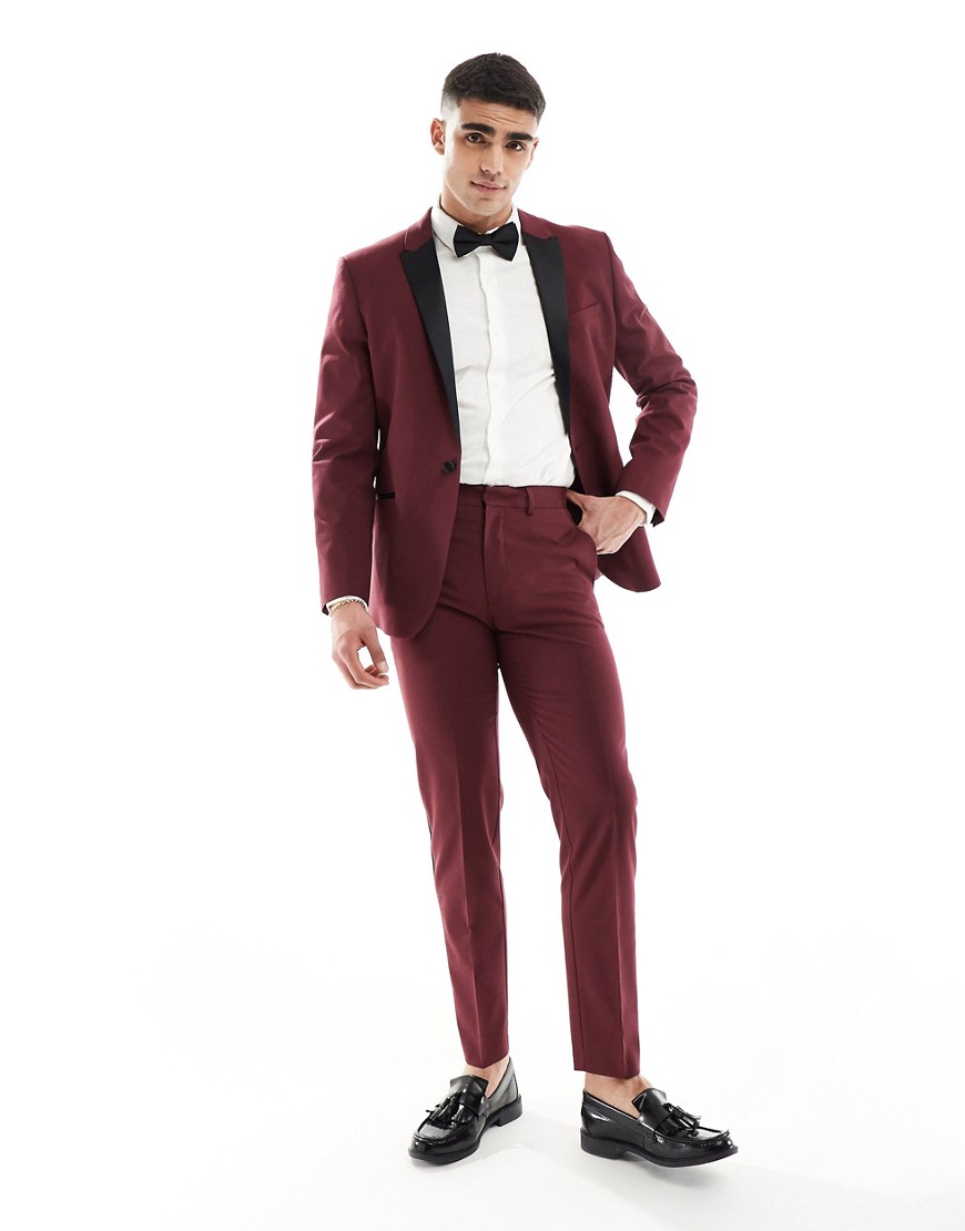 slim tuxedo suit pants in burgundy-Red
