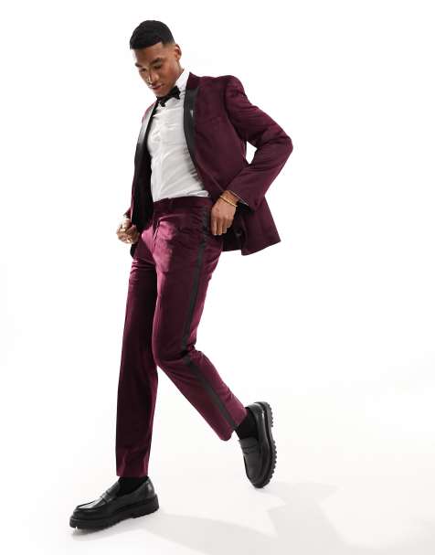 ASOS DESIGN slim tuxedo suit trouser in burgundy velvet - view 1