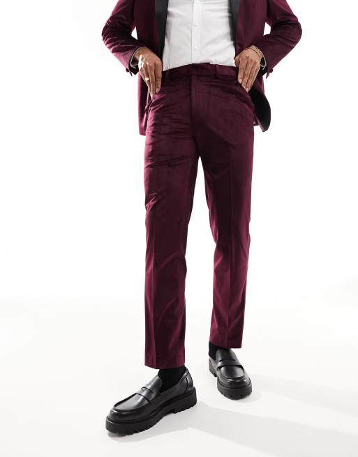 ASOS DESIGN slim tuxedo suit trouser in burgundy velvet, 3 of 5