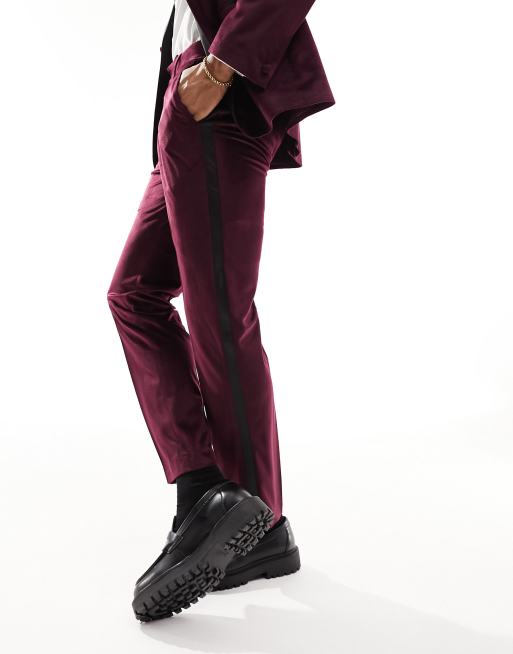 ASOS DESIGN slim tuxedo suit trouser in burgundy velvet, 5 of 5