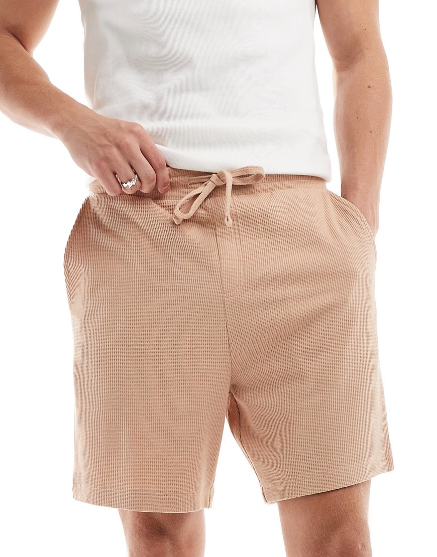 ASOS DESIGN slim waffle shorts in tan-Brown