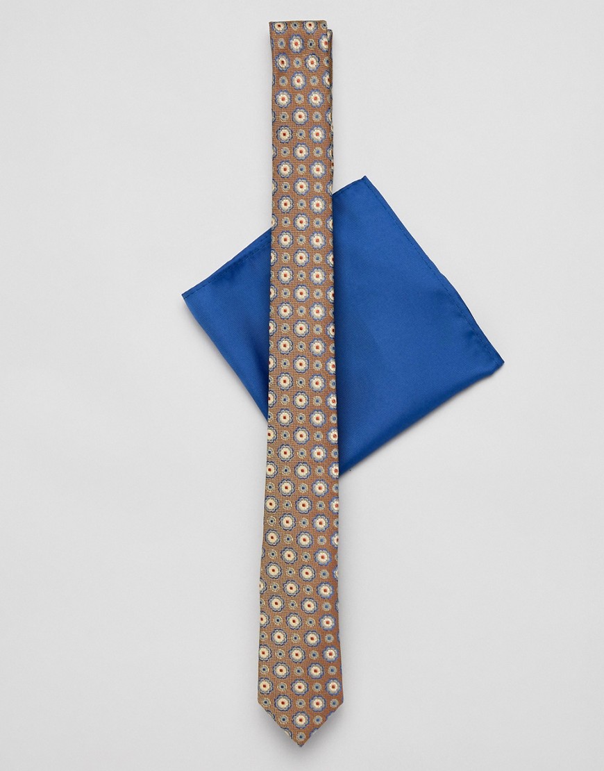 ASOS DESIGN slim wedding tie in mustard print with pocket square-Yellow
