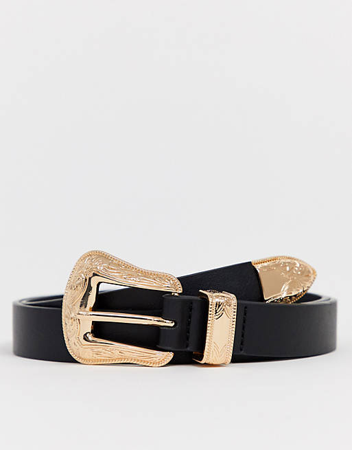 ASOS DESIGN slim western belt in black faux leather with gold
