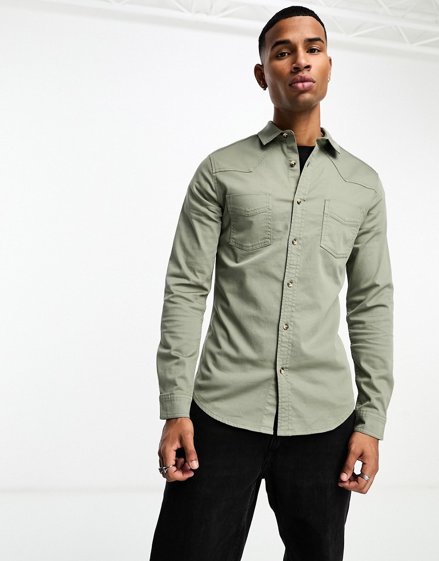 ASOS DESIGN slim western denim shirt with contrast stitching in khaki-Green