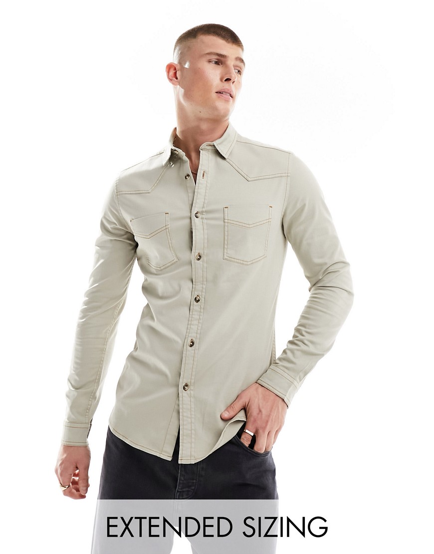 ASOS DESIGN slim western denim shirt with contrast stitching in stone-Neutral