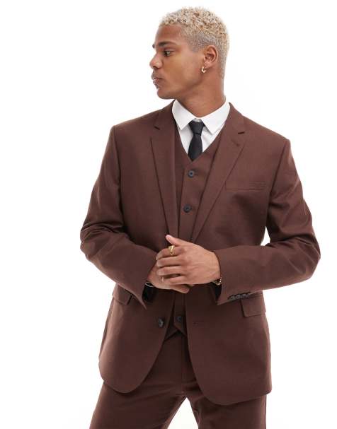 ASOS DESIGN slim with linen suit jacket in brown - view 1