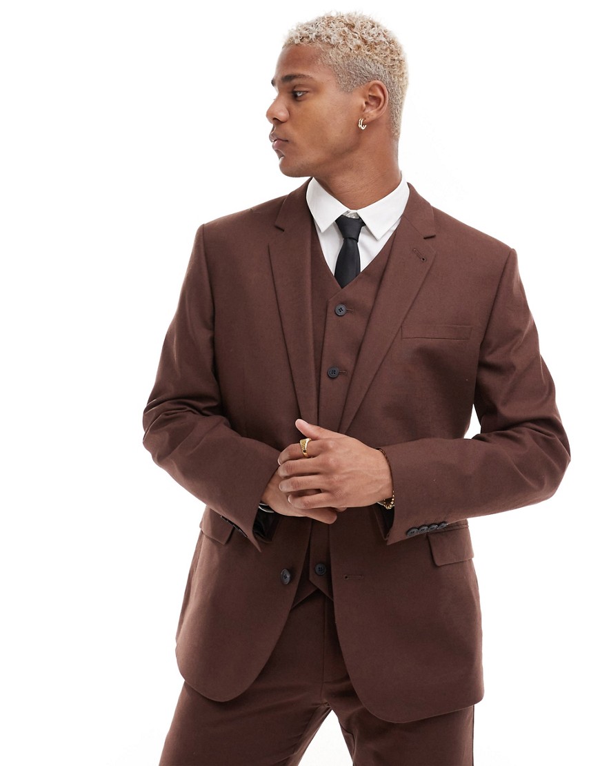 ASOS DESIGN slim with linen suit jacket in brown