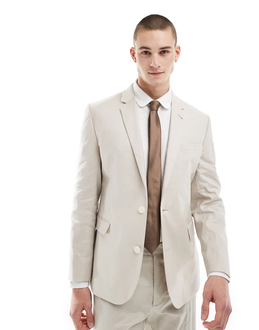 ASOS DESIGN slim with linen suit jacket in stone-Neutral